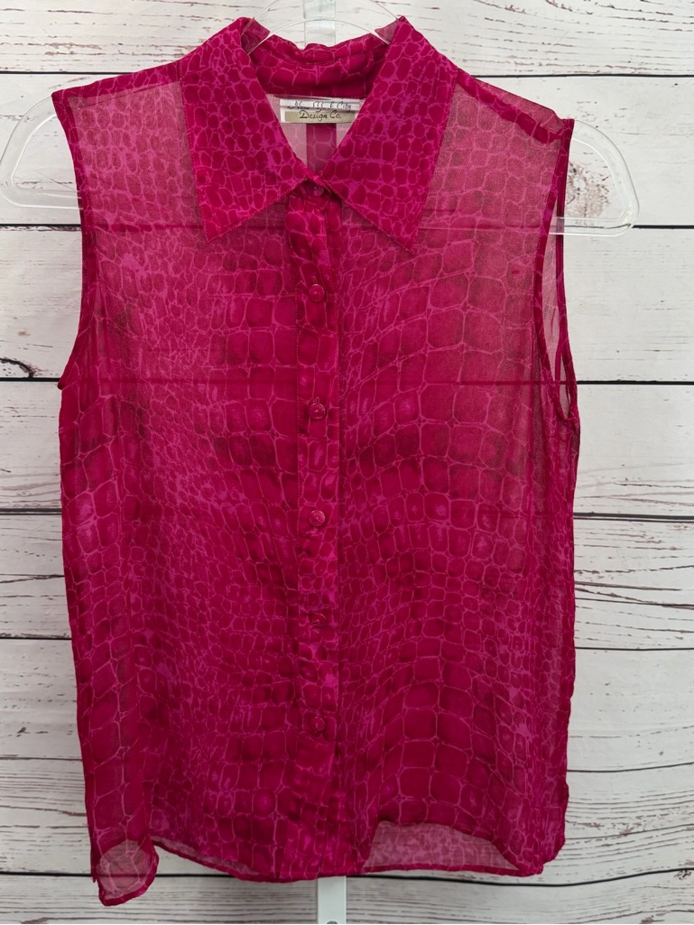 New York City Design Co. Silk Sleeveless Sheer Button-Up Top Fuchsia Pink Small